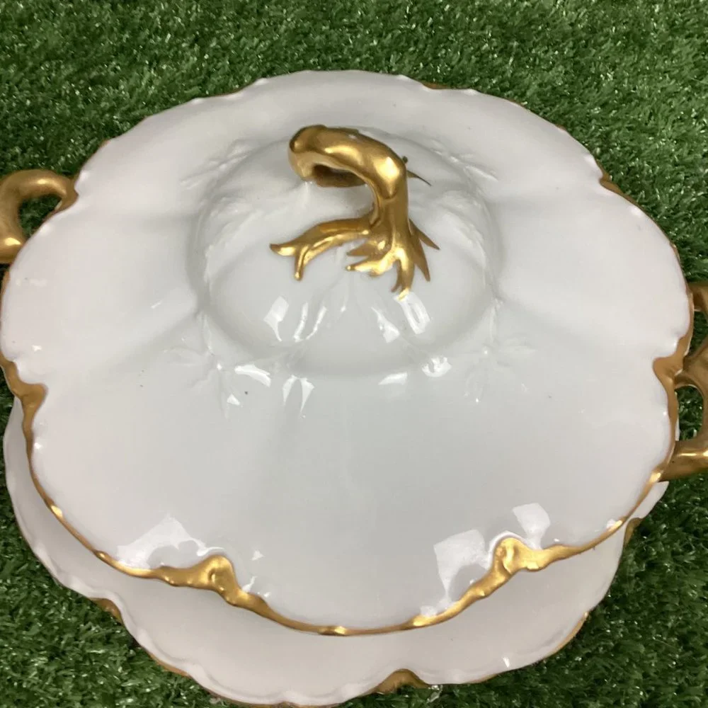 Antique Haviland Limoges Gold & White Porcelain Tureen Covered Bowl
